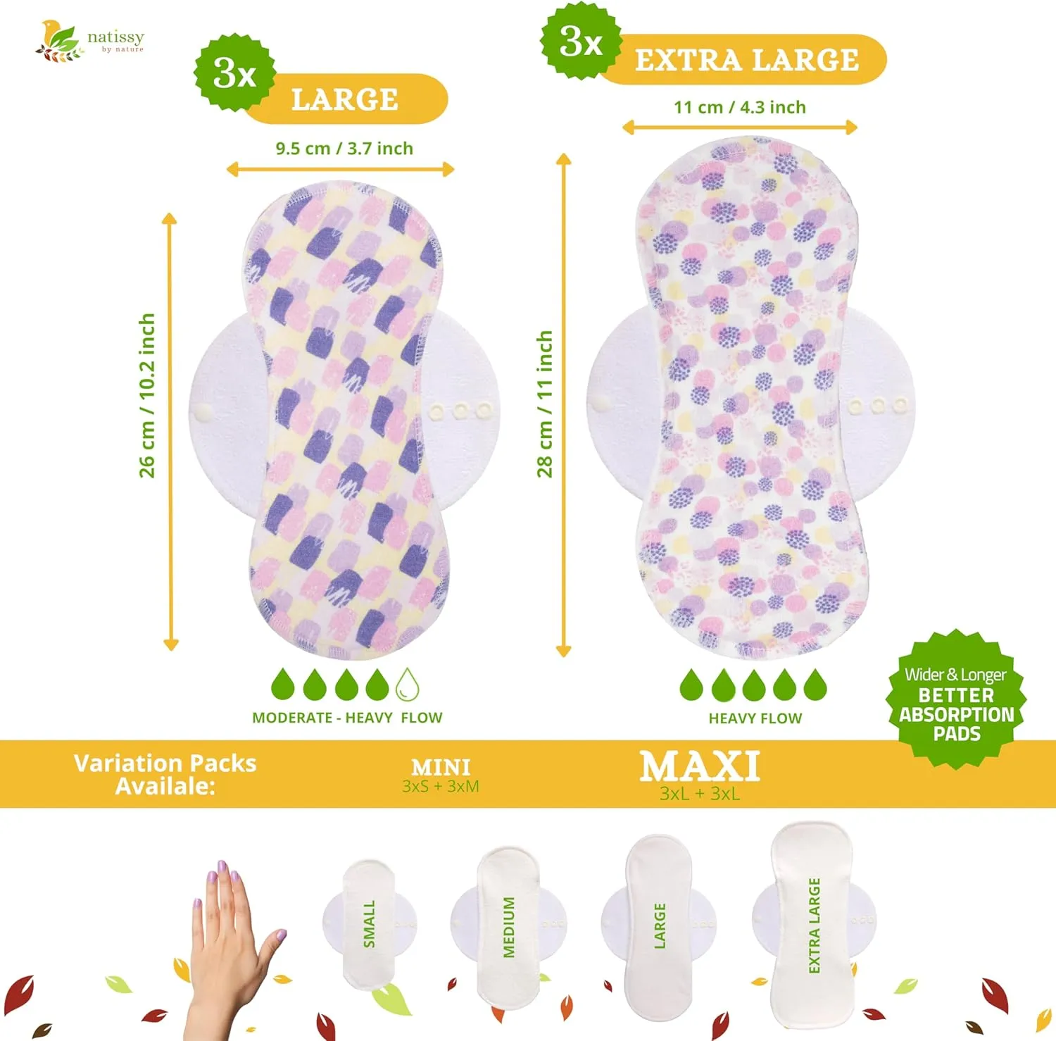 Non-Slip Organic Reusable Period Pads for Heavy Flow & Incontinence (L XL, 6-Pack); High-Temp Viscose Washable Cloth Pads for Women; Non-Irritating, Soft Reusable Pad Menstrual for Comfortable Care
