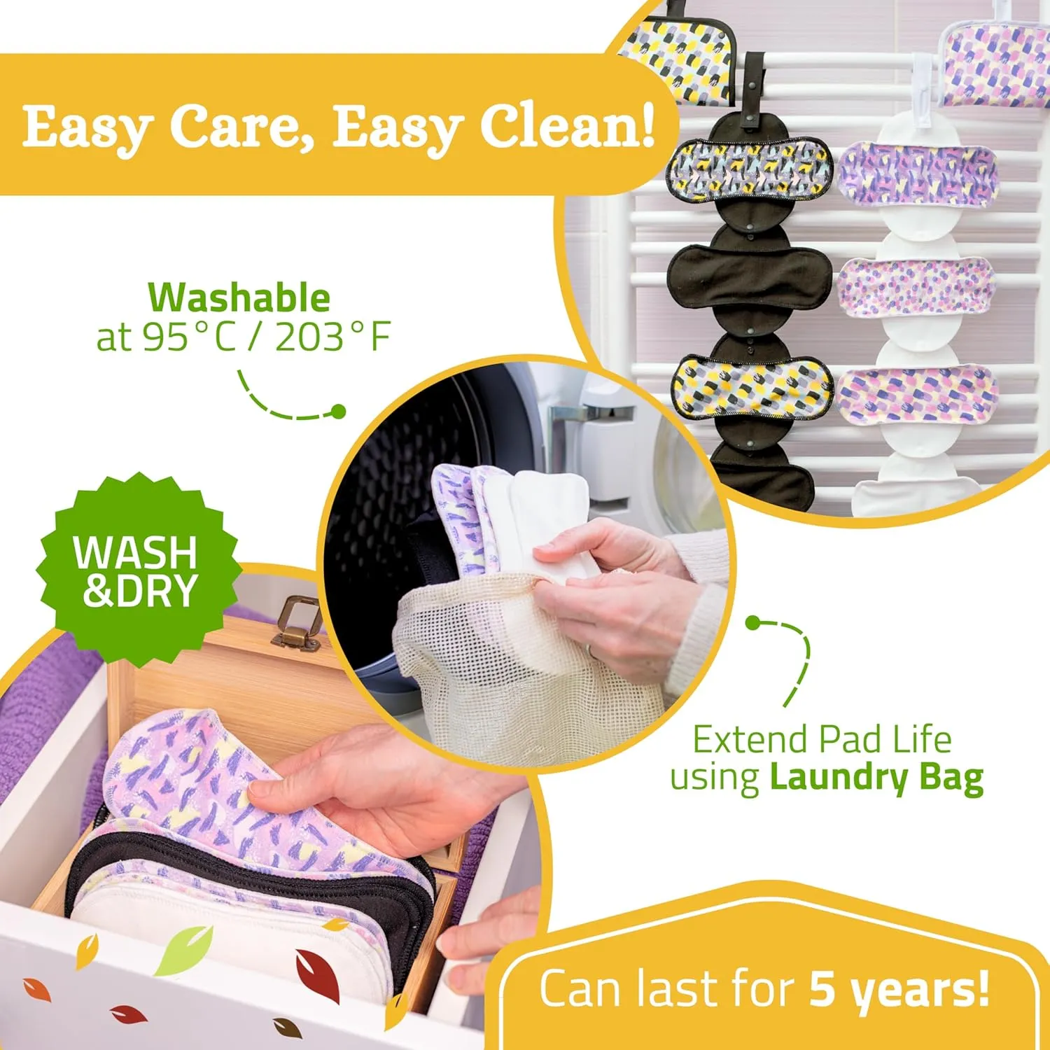 Non-Slip Organic Reusable Period Pads for Heavy Flow & Incontinence (L XL, 6-Pack); High-Temp Viscose Washable Cloth Pads for Women; Non-Irritating, Soft Reusable Pad Menstrual for Comfortable Care