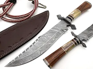 Nooraki 39 Handmade Damascus Steel 15 Inches Bowiee Knife - Beautiful Rose Wood Bone & Bull Horn Handle
