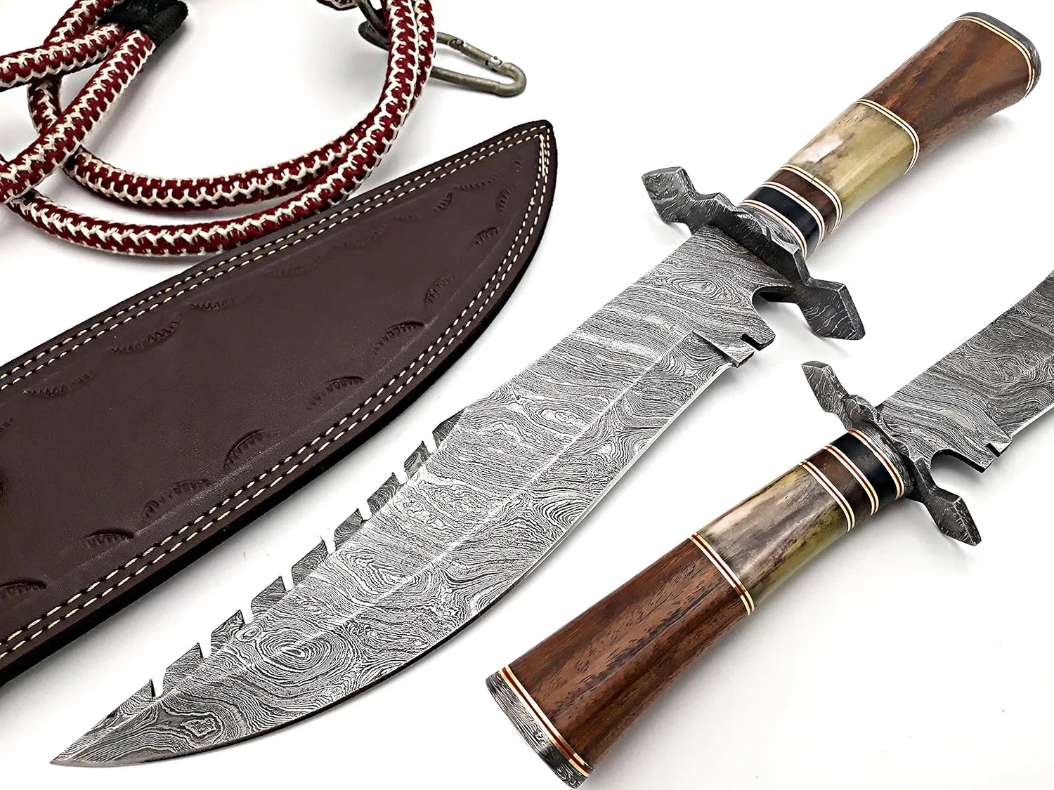 Nooraki 39 Handmade Damascus Steel 15 Inches Bowiee Knife - Beautiful Rose Wood Bone & Bull Horn Handle