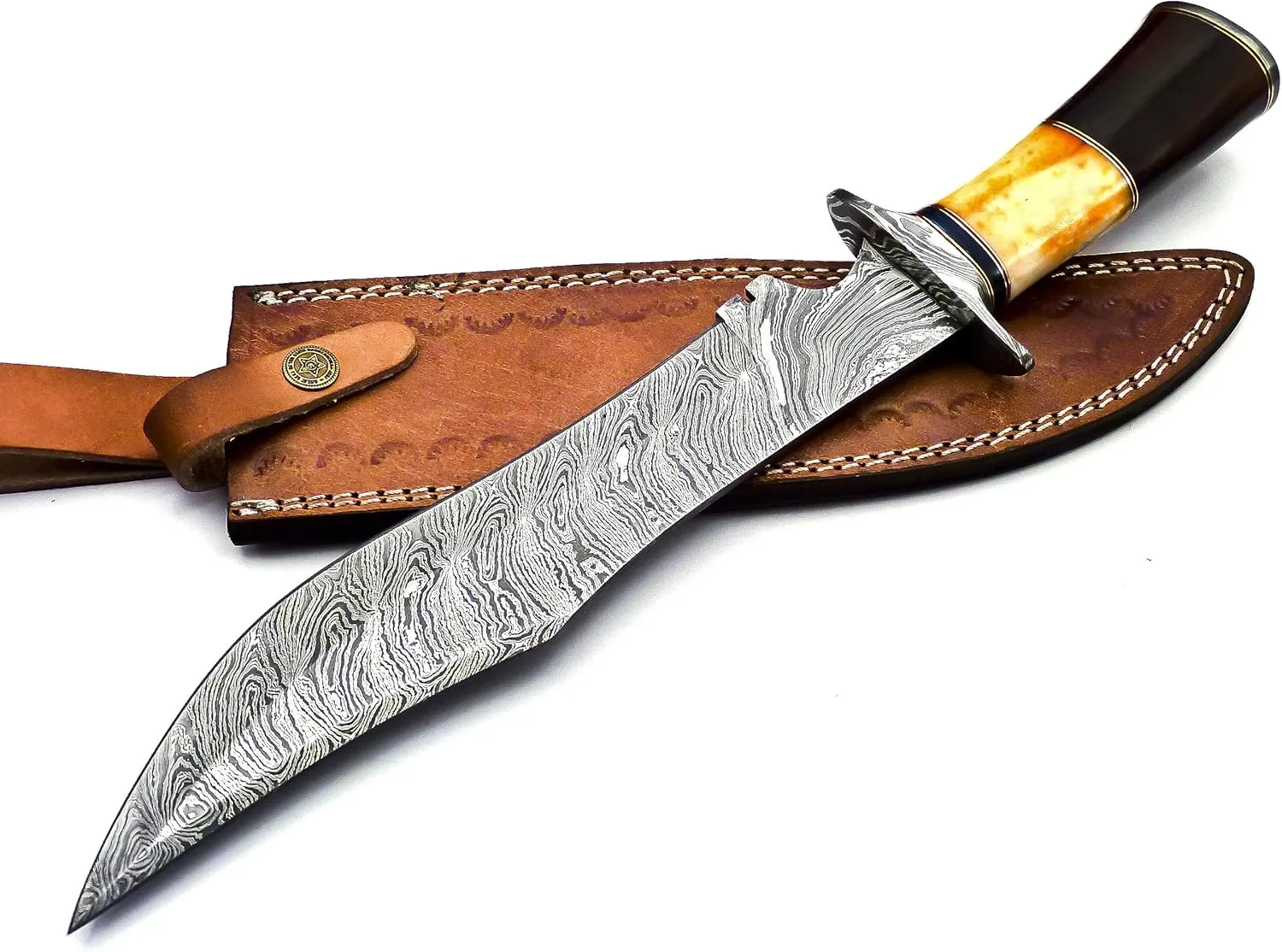 Nooraki BK-40 Handmade Damascus Steel 15 Inches Hunting Knife - Beautiful Rose Wood Bone & Bull Horn Handle With Hand Stitches Leather Sheath (Orange/Brown)