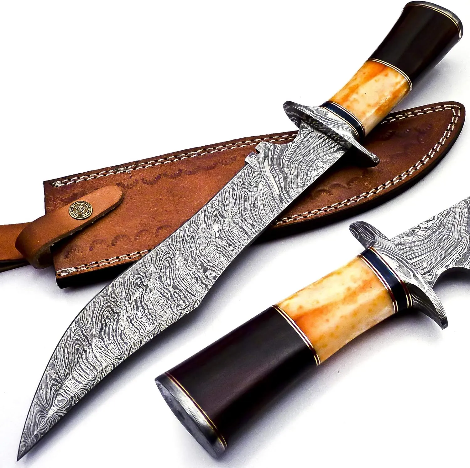 Nooraki BK-40 Handmade Damascus Steel 15 Inches Hunting Knife - Beautiful Rose Wood Bone & Bull Horn Handle With Hand Stitches Leather Sheath (Orange/Brown)