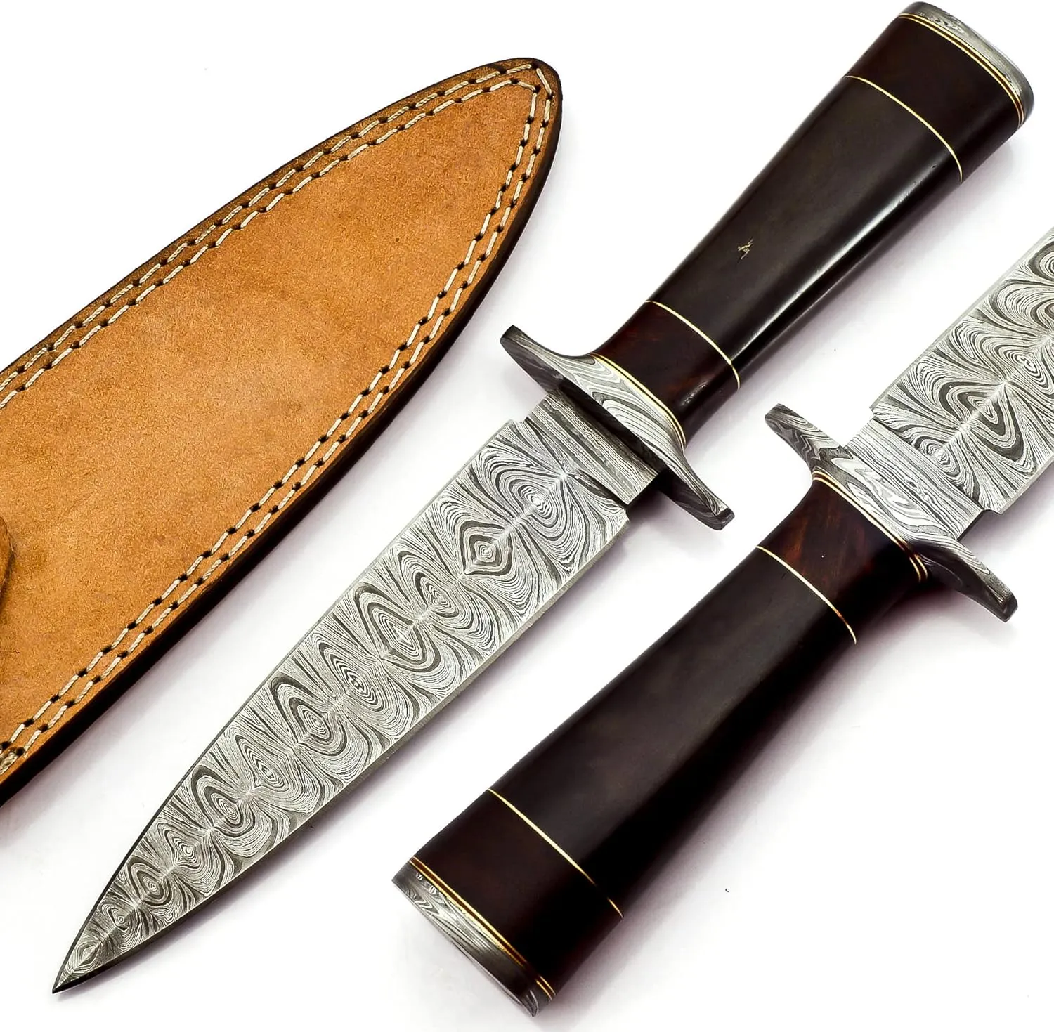 Nooraki DK-347 Handmade Damascus Steel Fixed Blade Dagger Knife with Leather Sheath, Multipurpose Knife with Coloured Bone and Rosewood Handle for Hunting, Hiking, Camping, Survival, 11 length