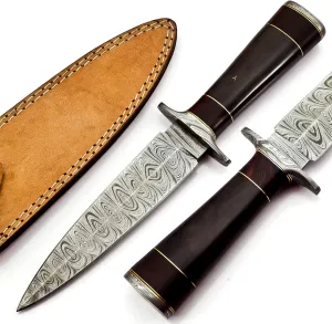 Nooraki DK-347 Handmade Damascus Steel Fixed Blade Dagger Knife with Leather Sheath, Multipurpose Knife with Coloured Bone and Rosewood Handle for Hunting, Hiking, Camping, Survival, 11 length