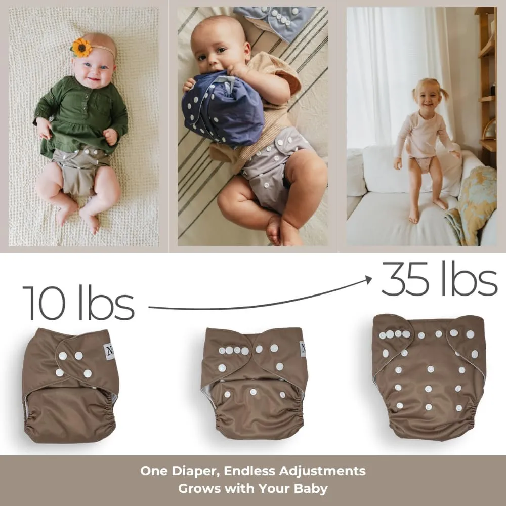 Nora's Nursery Cloth Diapers 7 Pack with 7 Inserts & 1 Wet Bag - Waterproof Cover, Washable, Reusable & One Size Adjustable Pocket Diapers for Newborns and Toddlers-Pacific Neutrals