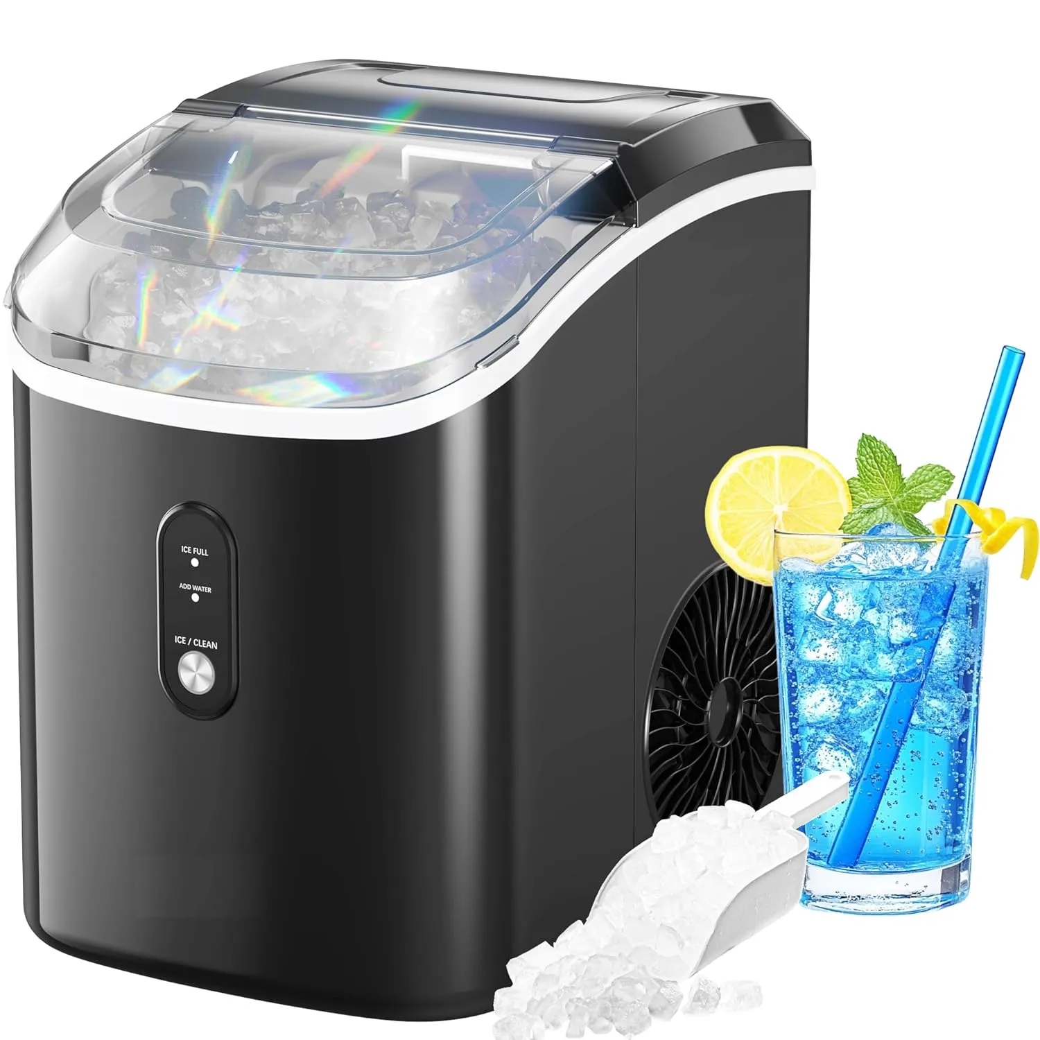 Nugget Ice Maker Countertop, Pellet Ice Machine with Self-Cleaning Function, Produces 33 lbs of Chewable Ice in 24 Hours, Sonic Ice Maker Perfect for Home Kitchens and Offices, Black
