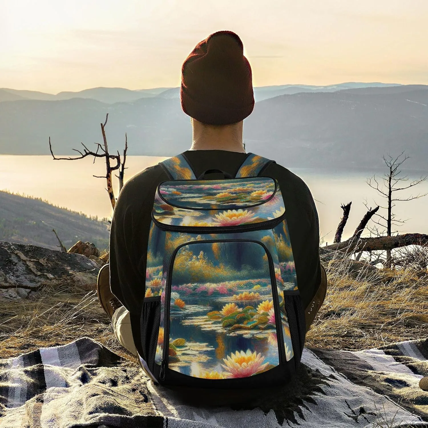 ODAWA Cooler Backpack Waterproof Beach Cooler Bag Lotus Flower Lunch Backpack Lightweight Camping Bags