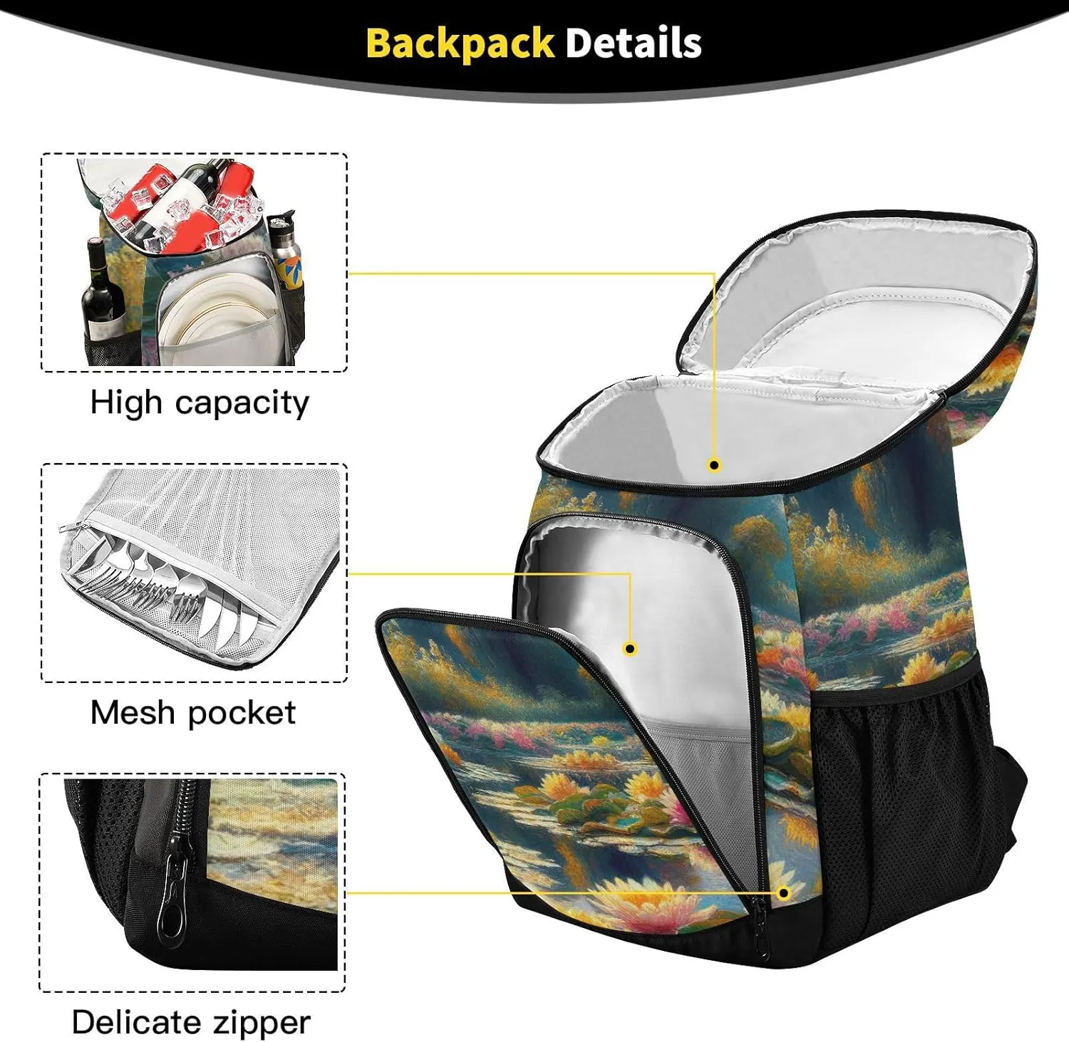 ODAWA Cooler Backpack Waterproof Beach Cooler Bag Lotus Flower Lunch Backpack Lightweight Camping Bags