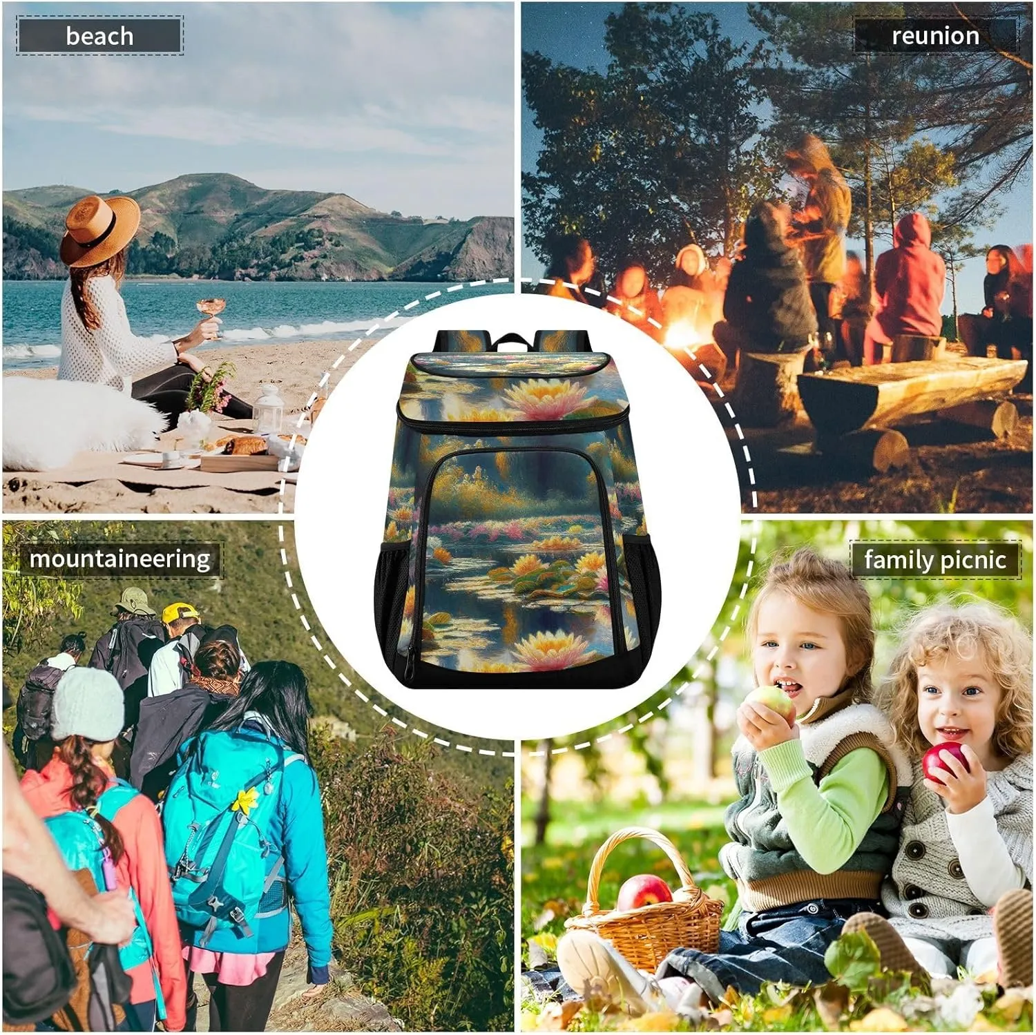 ODAWA Cooler Backpack Waterproof Beach Cooler Bag Lotus Flower Lunch Backpack Lightweight Camping Bags