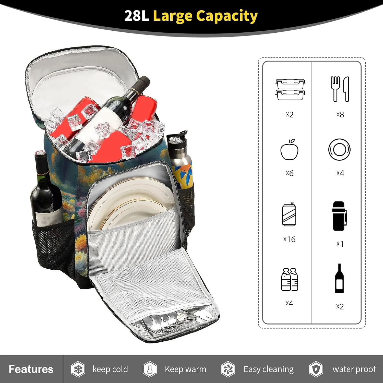 ODAWA Cooler Backpack Waterproof Beach Cooler Bag Lotus Flower Lunch Backpack Lightweight Camping Bags