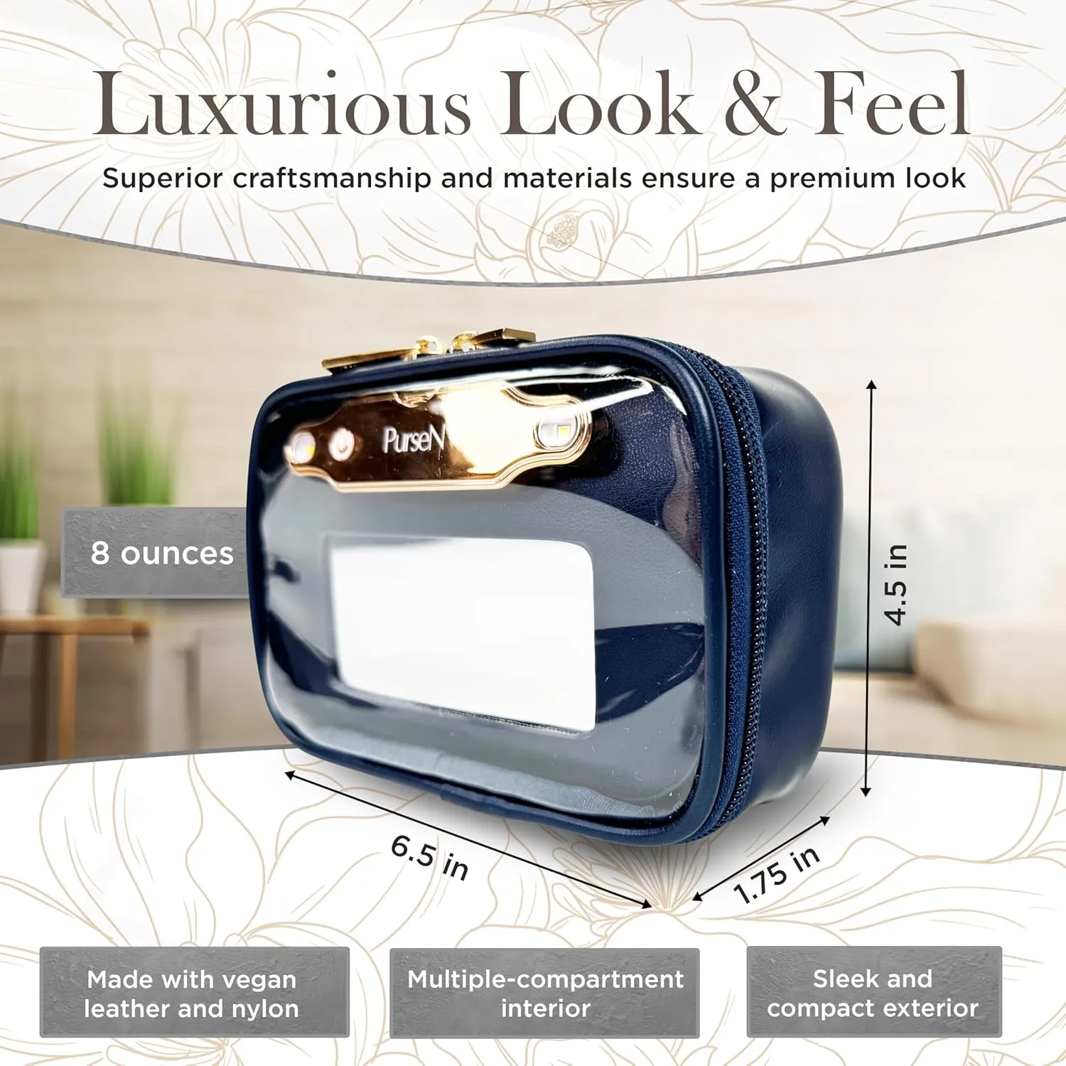OFT 2024 LITTMINI Lighted Mirror Case - Small Makeup Bag with Detachable Mirror & Multiple Pouches for Organization - Vegan Leather, Mini Makeup Bag Ideal for Travel & Everyday Essentials (Navy)