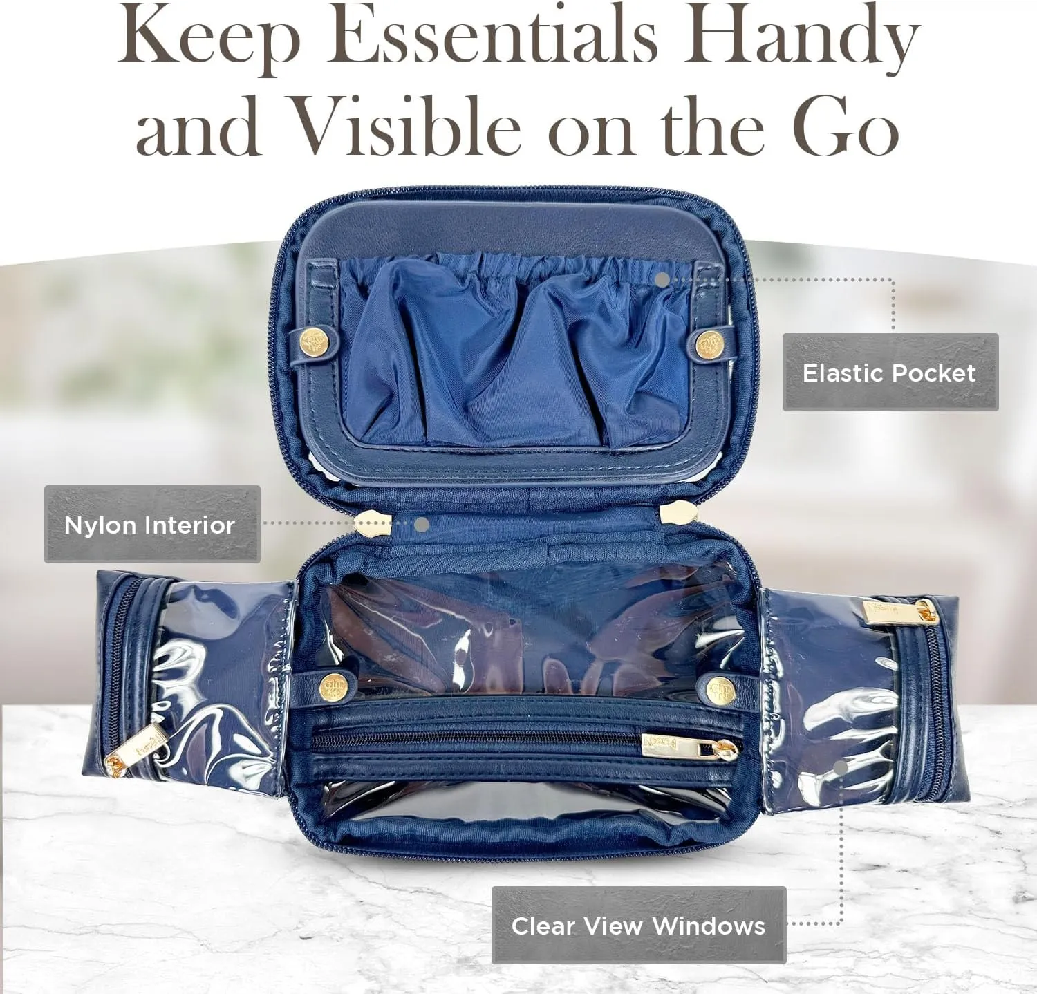 OFT 2024 LITTMINI Lighted Mirror Case - Small Makeup Bag with Detachable Mirror & Multiple Pouches for Organization - Vegan Leather, Mini Makeup Bag Ideal for Travel & Everyday Essentials (Navy)