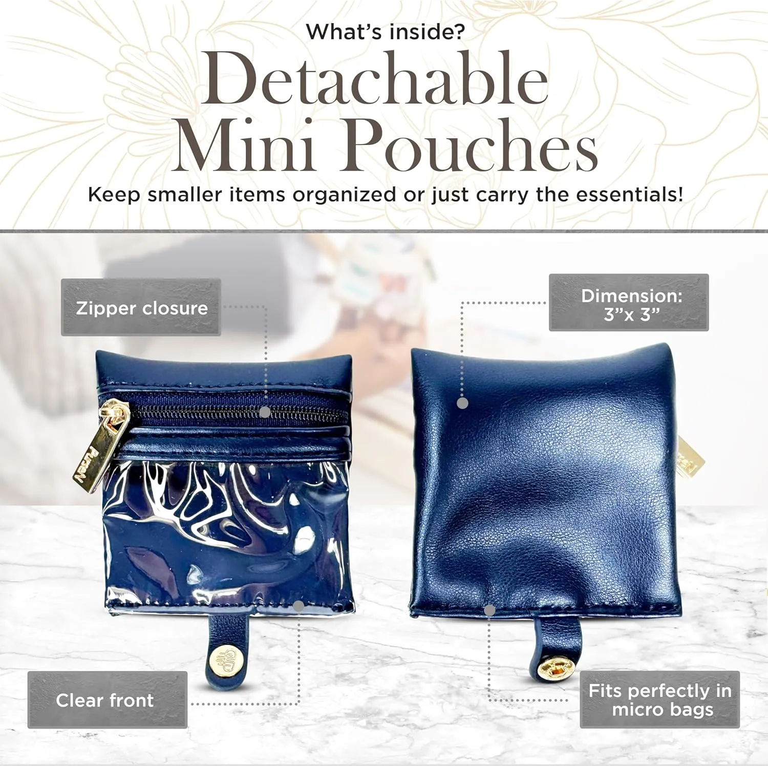 OFT 2024 LITTMINI Lighted Mirror Case - Small Makeup Bag with Detachable Mirror & Multiple Pouches for Organization - Vegan Leather, Mini Makeup Bag Ideal for Travel & Everyday Essentials (Navy)
