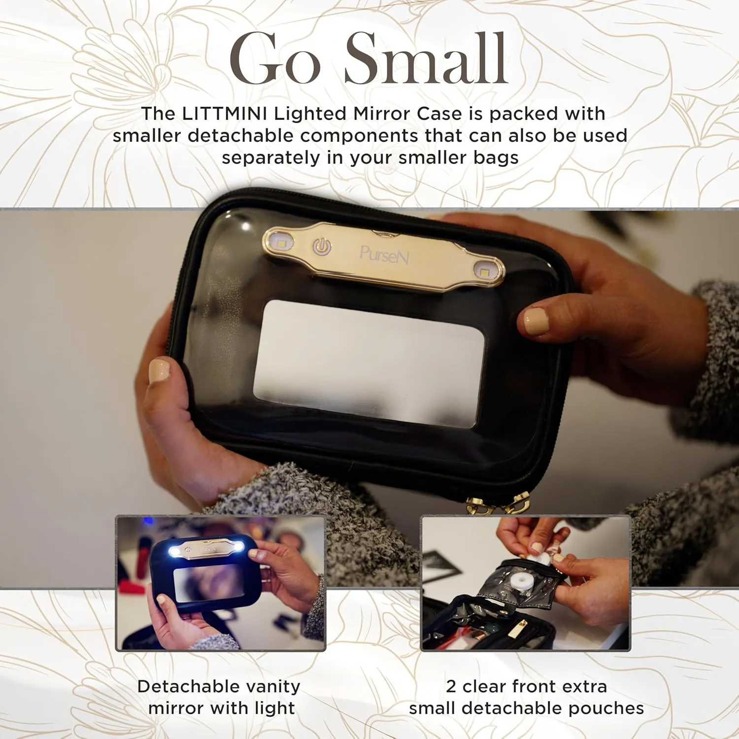 OFT 2024 LITTMINI Lighted Mirror Case - Small Makeup Bag with Detachable Mirror & Multiple Pouches for Organization - Vegan Leather, Mini Makeup Bag Ideal for Travel & Everyday Essentials (Navy)
