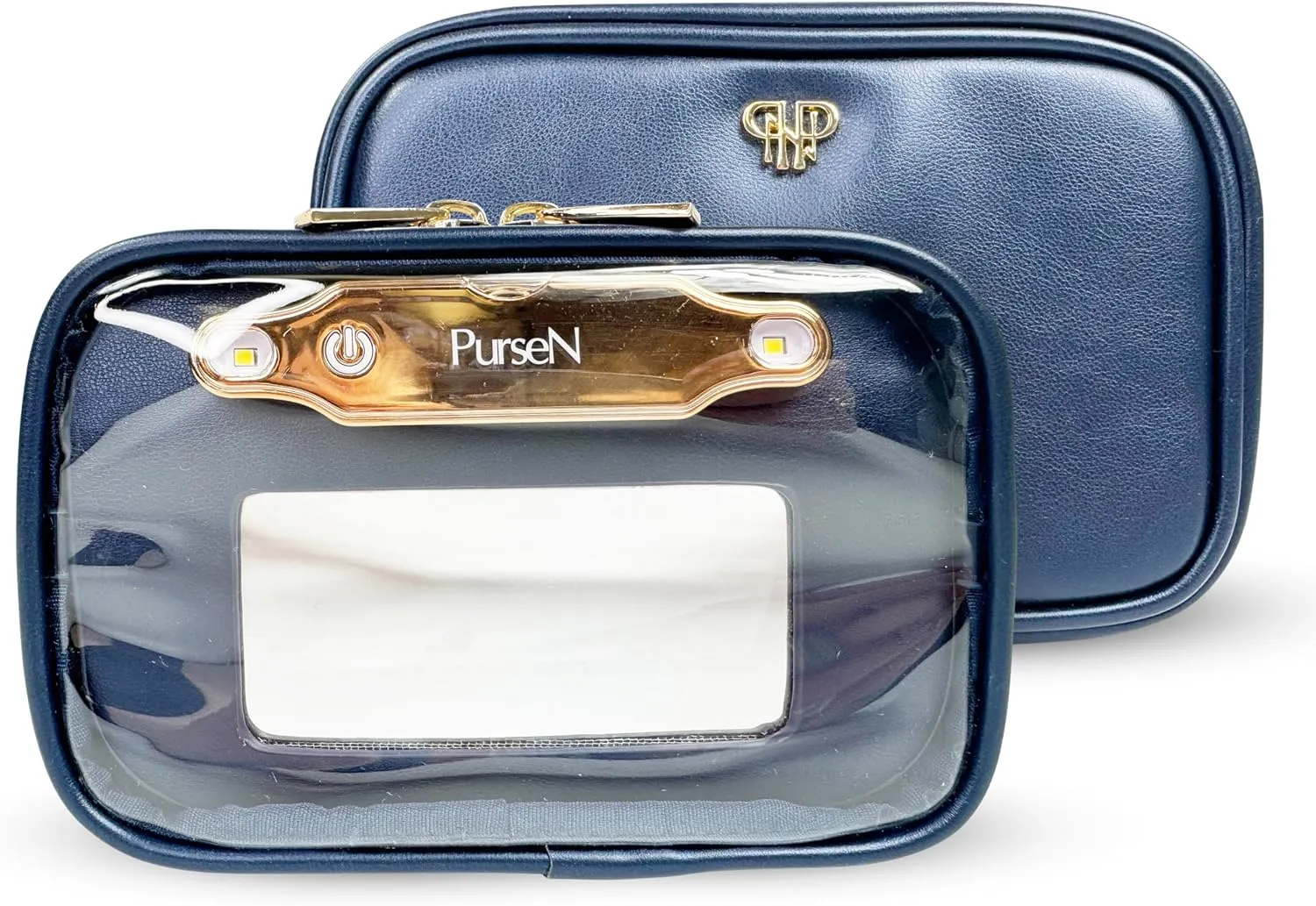 OFT 2024 LITTMINI Lighted Mirror Case - Small Makeup Bag with Detachable Mirror & Multiple Pouches for Organization - Vegan Leather, Mini Makeup Bag Ideal for Travel & Everyday Essentials (Navy)