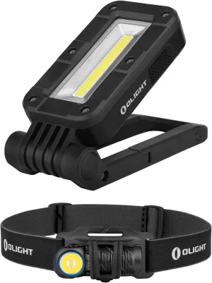 OLIGHT Swivel 400 Lumens LED Compact Rechargeable Magnetic COB Work Light Bundle with Perun 2 Mini Headlamp 1100 Lumens LED Head Flashlight