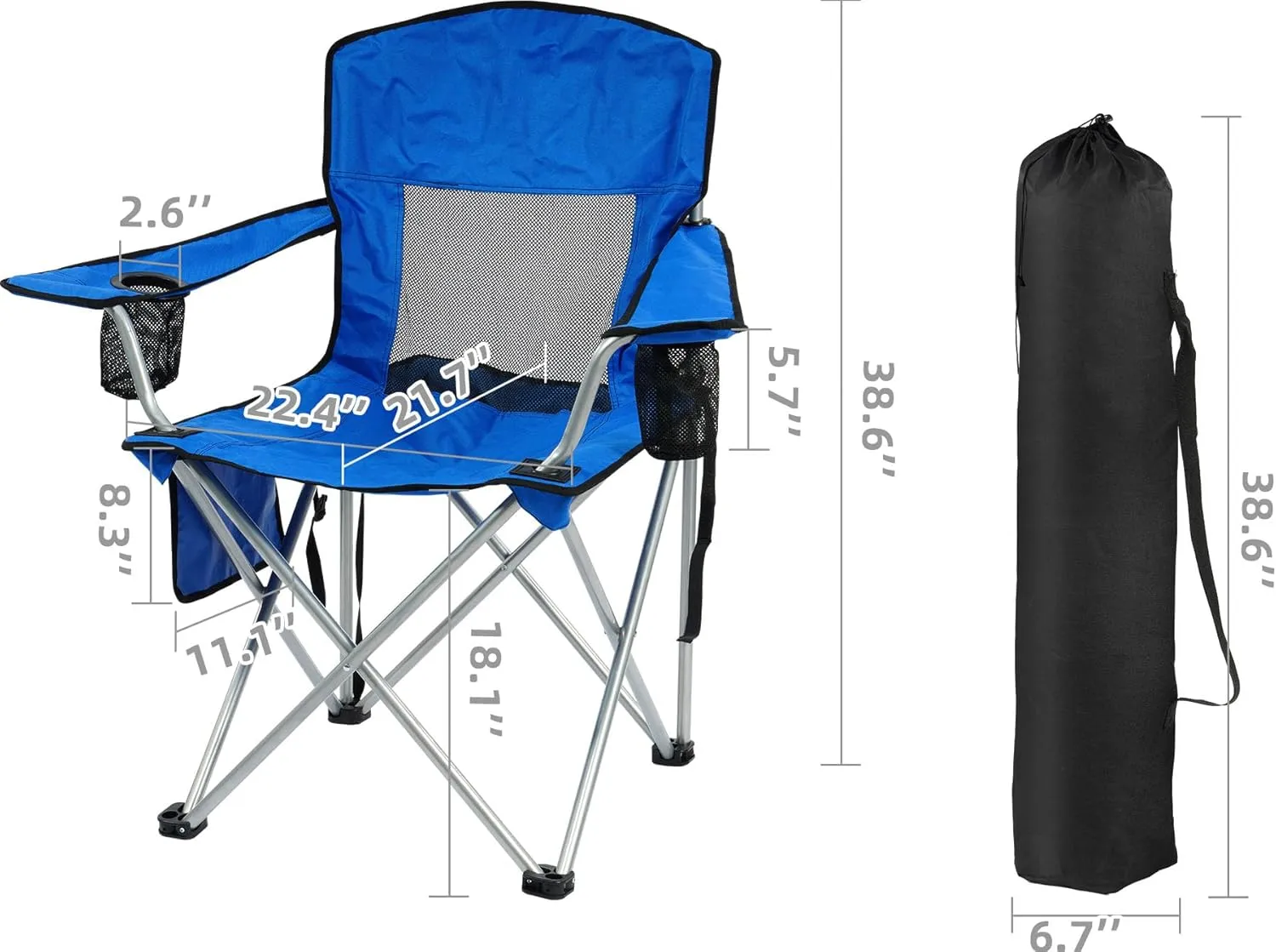 OLIXIS Elevon Camp Chairs Outdoor, Folding Chair Camping Recliner Support Mesh Backrest, Lawn Chair with Cup Holder, Storage Pocket, Carrying Bag