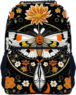 Orange Moth Floral Flowers Vintage Art Daypack Polyester Anti-Theft Multipurpose Bookbag Big Capacity Gym Outdoor Hiking Backpack With Adjustable Shoulder Straps
