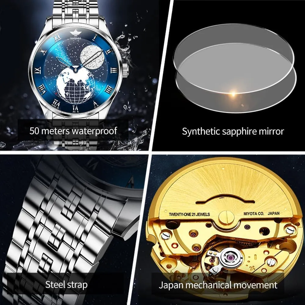 OUPINKE Mens Watches Skeleton Automatic Mechanical Premium with Calendar Sapphire Crystal Tungsten Steel Waterproof Wrist Watch