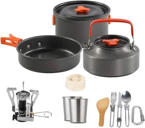 Outdoor Camping Cookware Set Picnic Cooking Pots Pans Set Non-Stick Tableware with Stove Spoon Fork Knife Kettle Kitchen Tools
