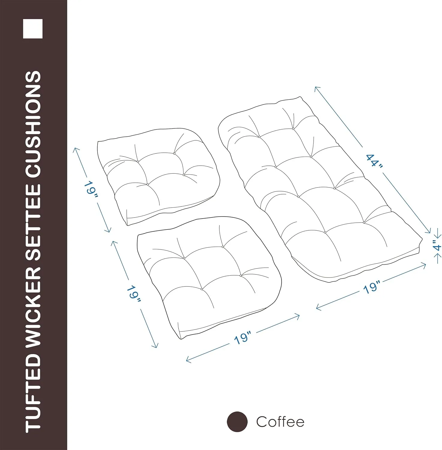 Outdoor/Indoor All Weather Tufted Wicker Chair Cushions of 3 Pieces, 1 Loveseat and 2 U-Shape Waterproof Cushions for Patio Furniture,Wicker Loveseat,Bench-Coffee