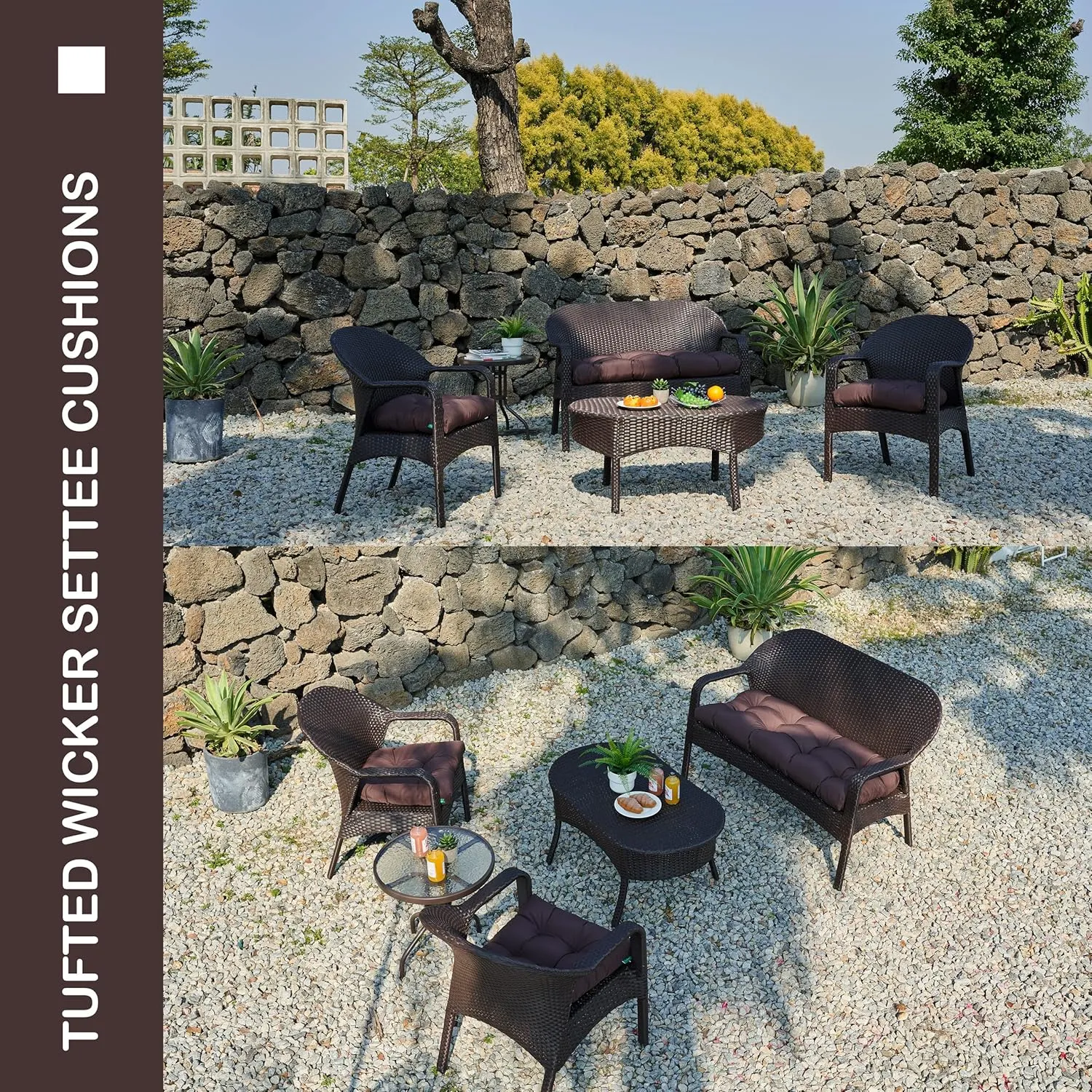 Outdoor/Indoor All Weather Tufted Wicker Chair Cushions of 3 Pieces, 1 Loveseat and 2 U-Shape Waterproof Cushions for Patio Furniture,Wicker Loveseat,Bench-Coffee
