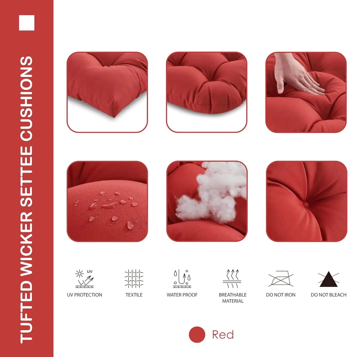 Outdoor/Indoor All Weather Tufted Wicker Chair Cushions of 3 Pieces, 1 Loveseat and 2 U-Shape Waterproof Cushions for Patio Furniture,Wicker Loveseat,Bench-Red