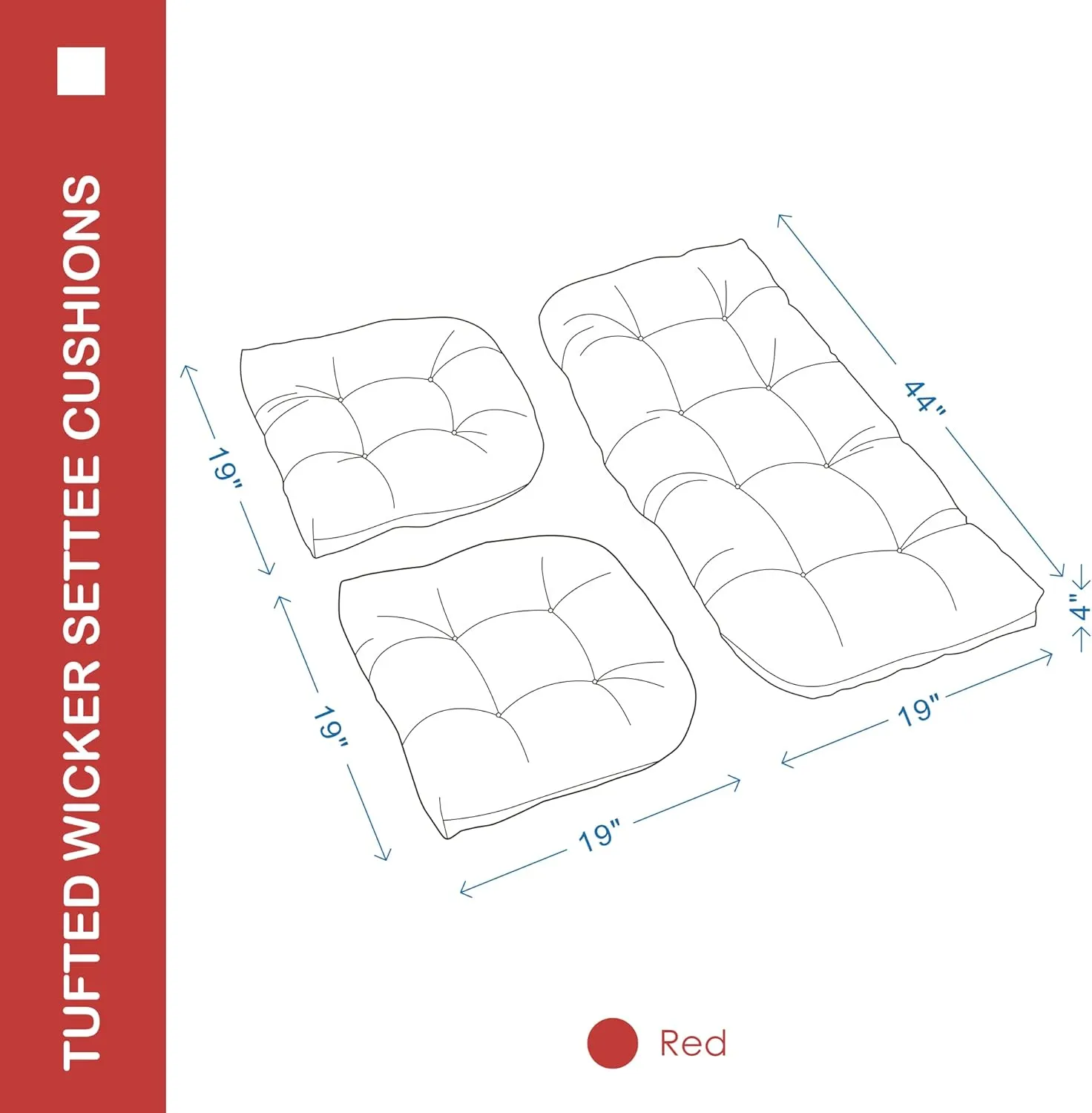 Outdoor/Indoor All Weather Tufted Wicker Chair Cushions of 3 Pieces, 1 Loveseat and 2 U-Shape Waterproof Cushions for Patio Furniture,Wicker Loveseat,Bench-Red