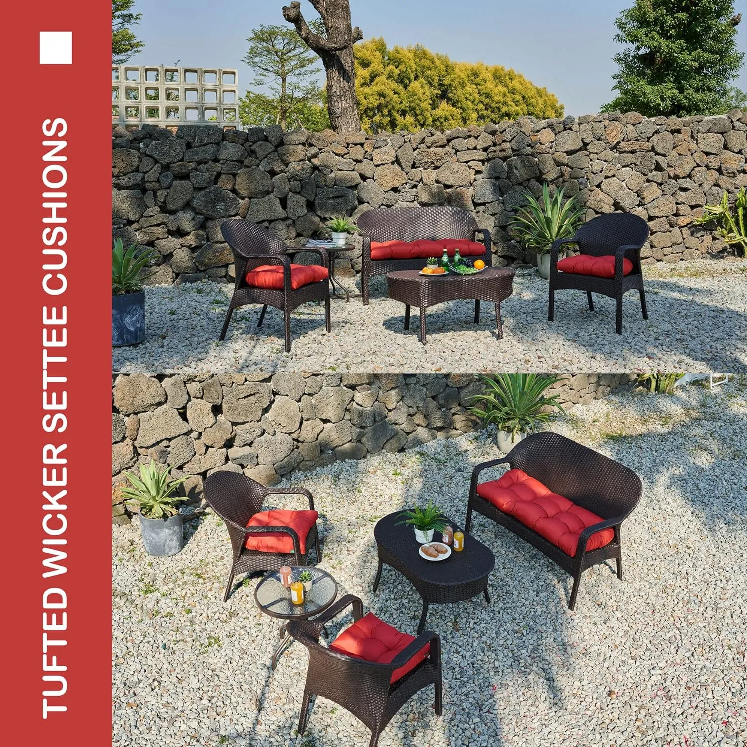 Outdoor/Indoor All Weather Tufted Wicker Chair Cushions of 3 Pieces, 1 Loveseat and 2 U-Shape Waterproof Cushions for Patio Furniture,Wicker Loveseat,Bench-Red
