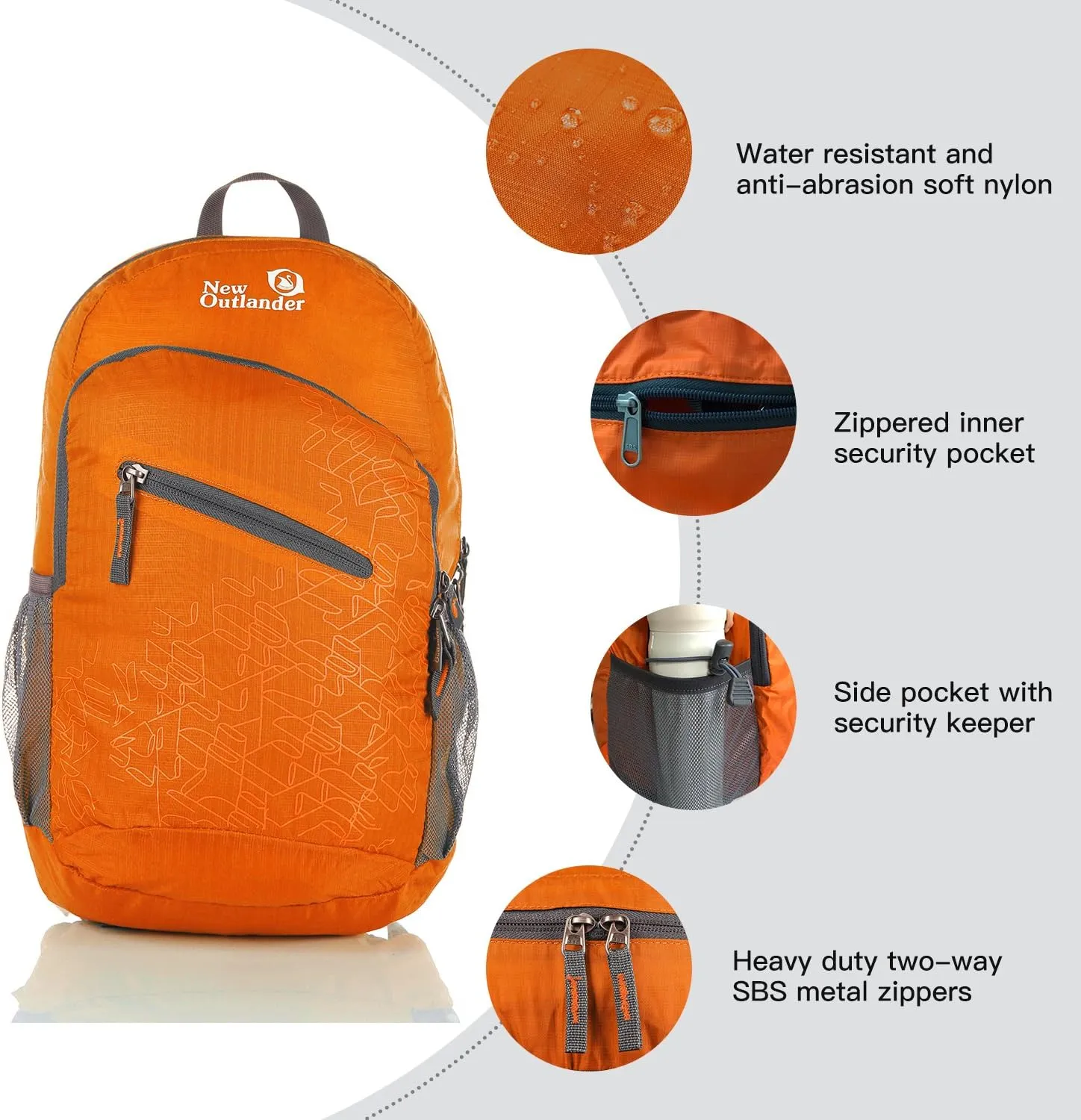 Outlander Packable Handy Lightweight Travel Hiking Backpack Daypack-Orange