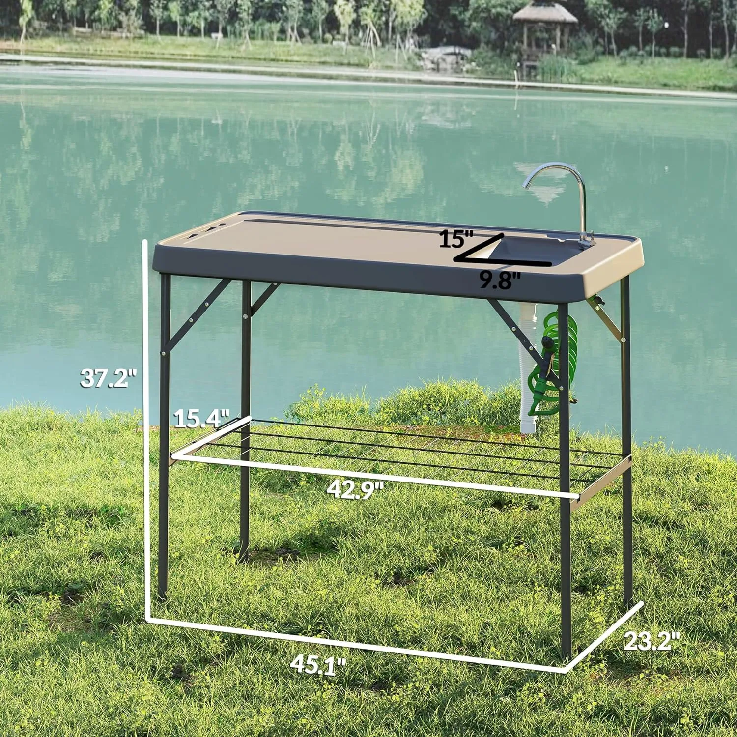 Outsunny Folding Fish Cleaning Table with Sink, Portable Camping Sink Station with Faucet, Drainage Hose, Sprayer and Grid Rack, Outdoor Fillet Table for Picnic Beach Patio, Gray