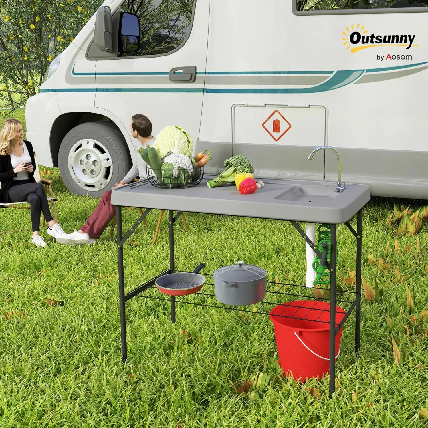 Outsunny Folding Fish Cleaning Table with Sink, Portable Camping Sink Station with Faucet, Drainage Hose, Sprayer and Grid Rack, Outdoor Fillet Table for Picnic Beach Patio, Gray