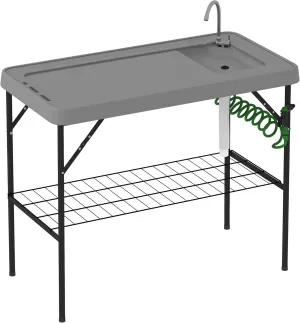 Outsunny Folding Fish Cleaning Table with Sink, Portable Camping Sink Station with Faucet, Drainage Hose, Sprayer and Grid Rack, Outdoor Fillet Table for Picnic Beach Patio, Gray