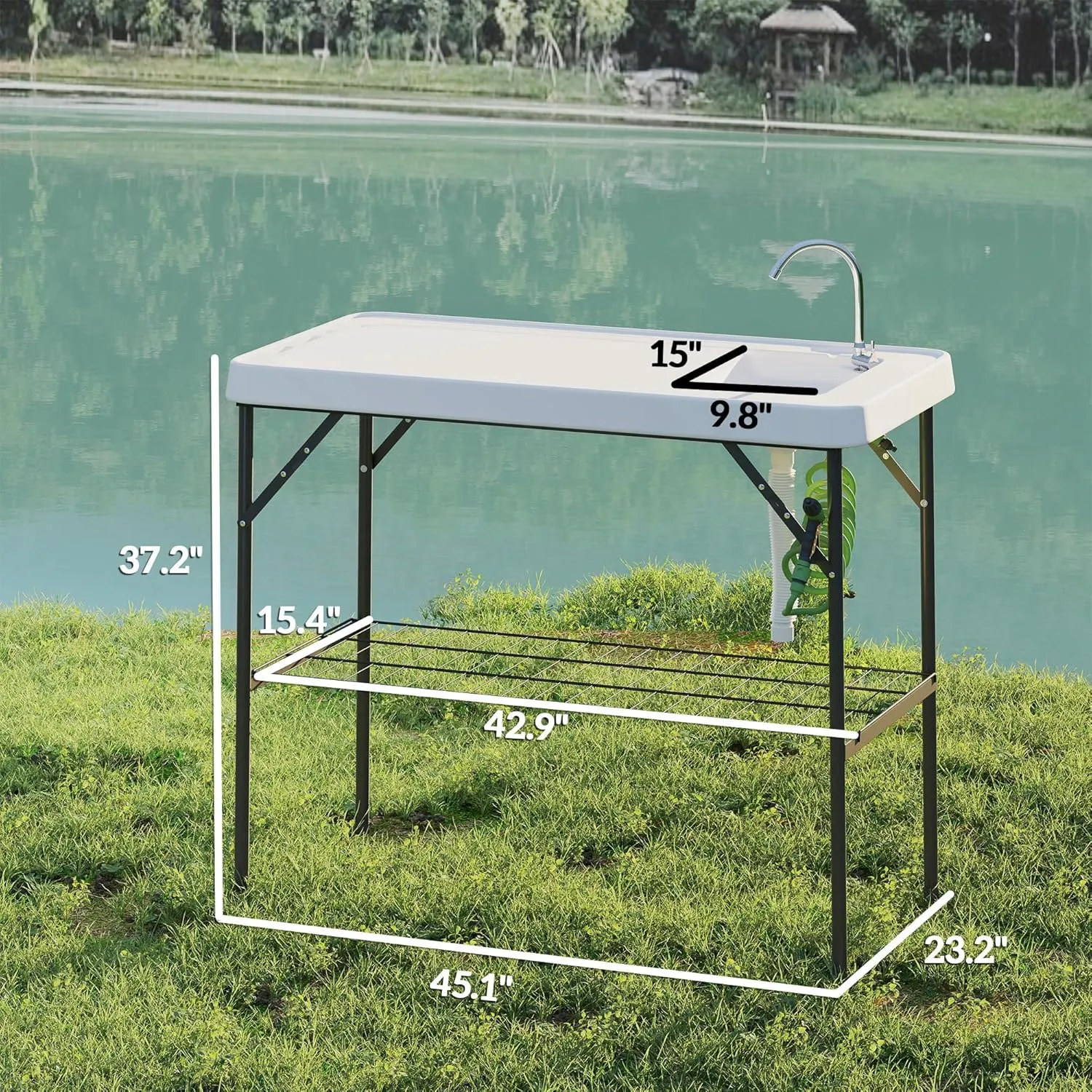 Outsunny Folding Fish Cleaning Table with Sink, Portable Camping Sink Station with Faucet, Drainage Hose, Sprayer and Grid Rack, Outdoor Fillet Table for Picnic Beach Patio, White