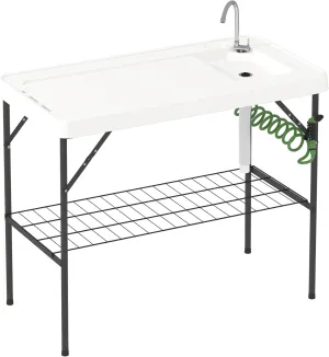 Outsunny Folding Fish Cleaning Table with Sink, Portable Camping Sink Station with Faucet, Drainage Hose, Sprayer and Grid Rack, Outdoor Fillet Table for Picnic Beach Patio, White