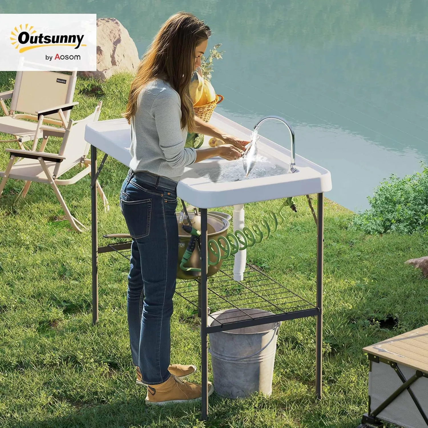 Outsunny Folding Fish Cleaning Table with Sink, Portable Camping Sink Station with Faucet, Drainage Hose, Sprayer and Grid Rack, Outdoor Fillet Table for Picnic Beach Patio, White