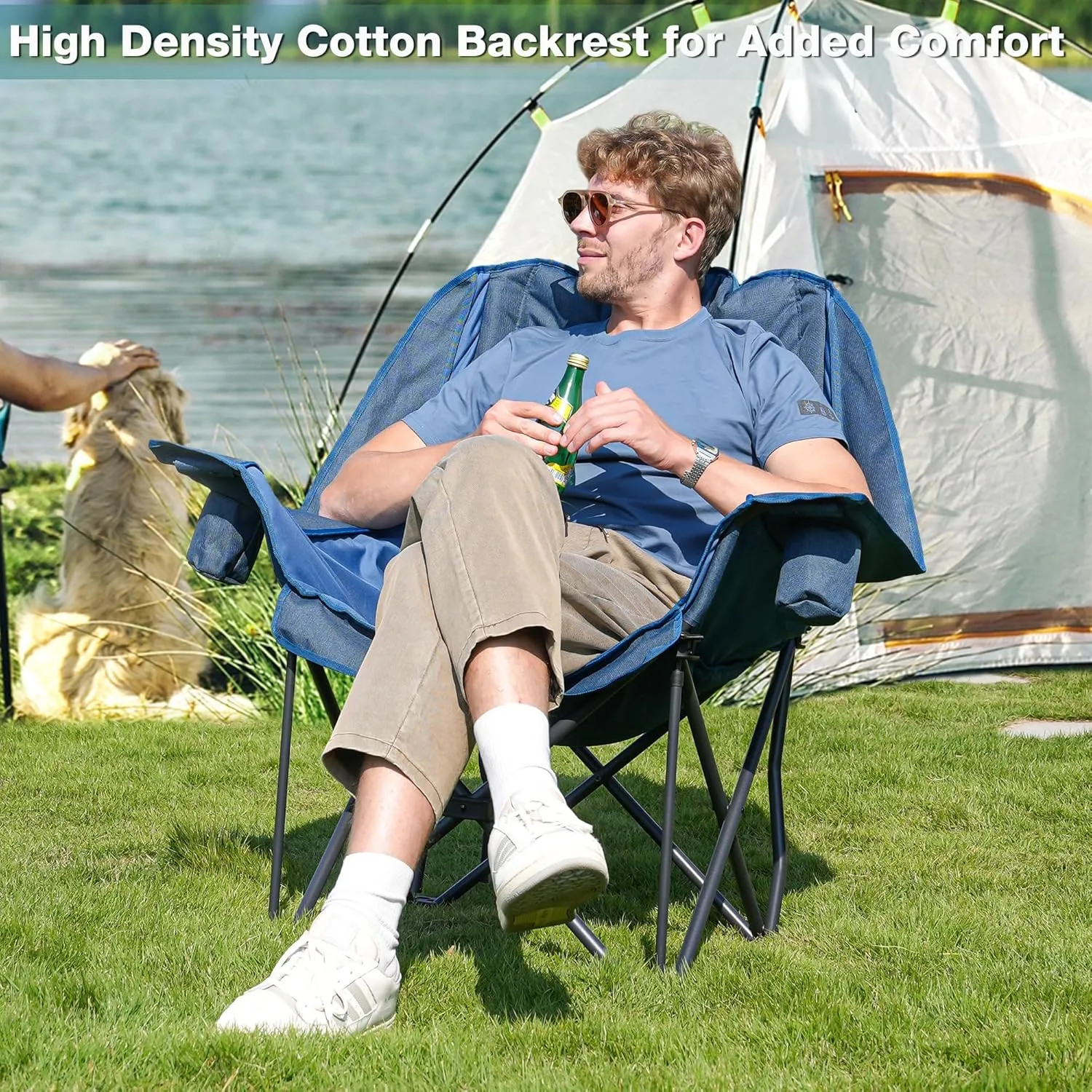 Oversized Camping Chair, Portable Folding Padded Camp Chairs with Side Pocket, Cup Holder, Heavy Duty Support 500LBS Outdoor Lounge Chair for Adults, Fishing, Sports, Trip, Navy Blue