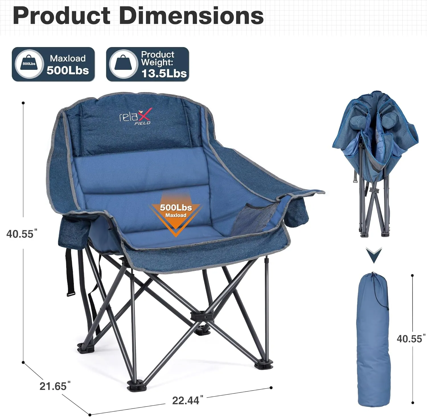 Oversized Camping Chair, Portable Folding Padded Camp Chairs with Side Pocket, Cup Holder, Heavy Duty Support 500LBS Outdoor Lounge Chair for Adults, Fishing, Sports, Trip, Navy Blue