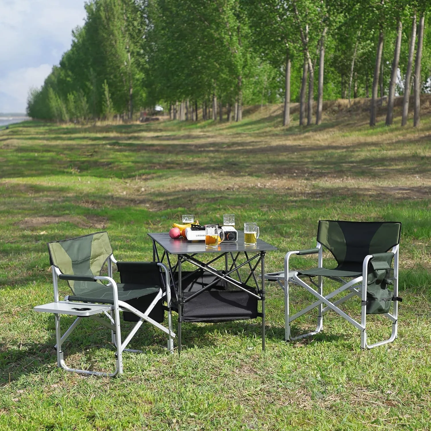 Oversized Camping Directors Chair, Portable Aluminum Camping Chairs, Padded Folding Directors Chair with Side Table Storage Pockets, Outdoor Camping, Picnics and Fishing (1, Green)