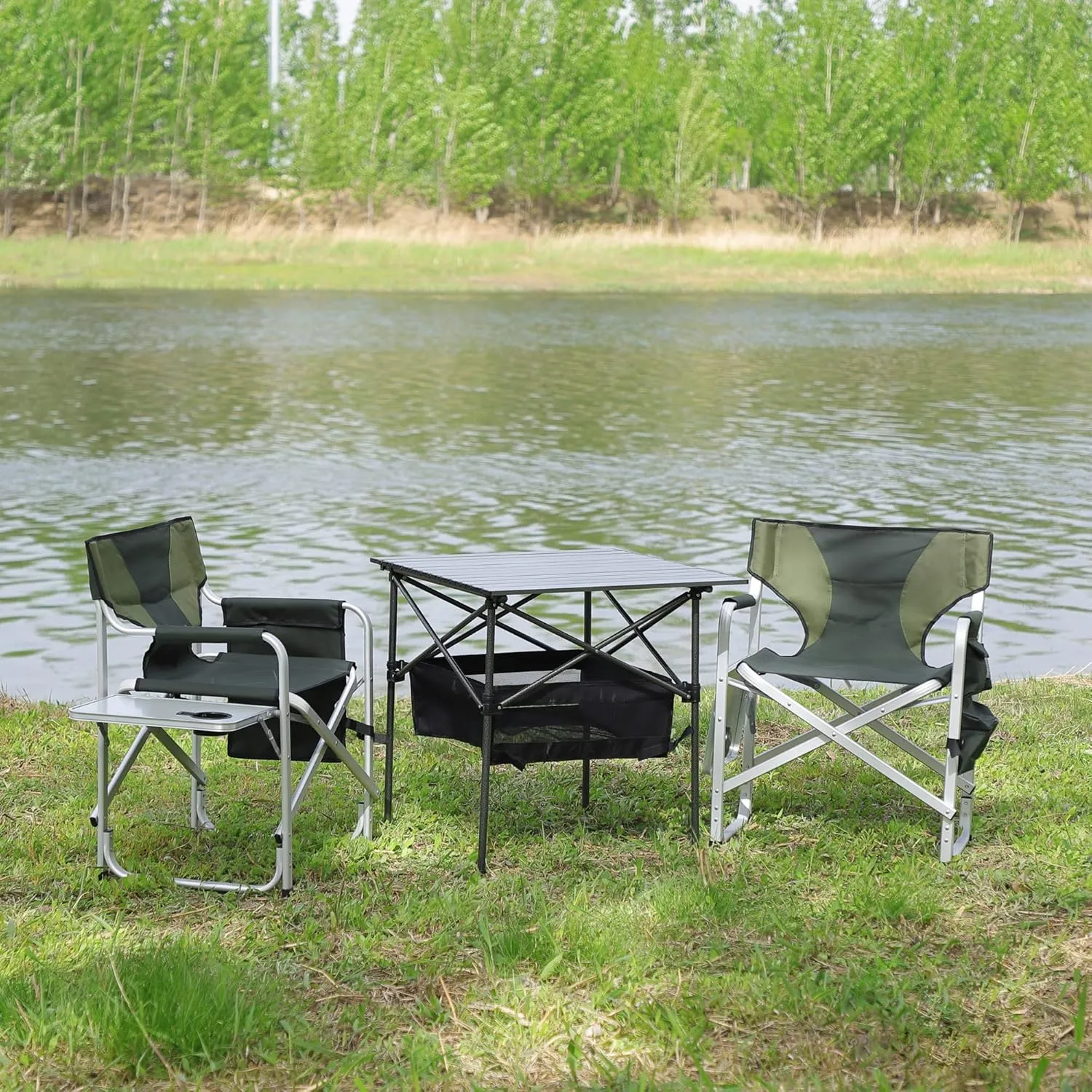 Oversized Camping Directors Chair, Portable Aluminum Camping Chairs, Padded Folding Directors Chair with Side Table Storage Pockets, Outdoor Camping, Picnics and Fishing (1, Green)