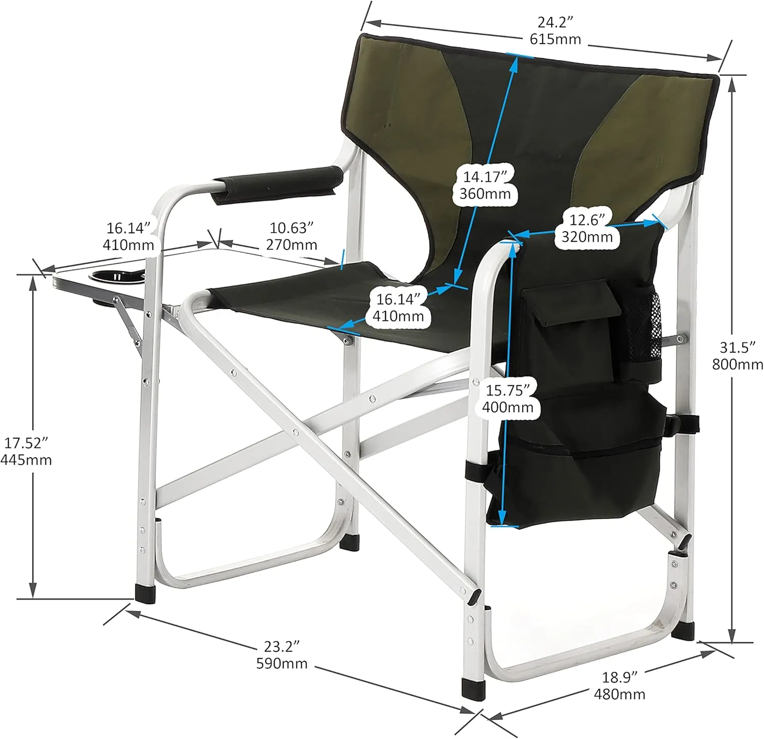 Oversized Camping Directors Chair, Portable Aluminum Camping Chairs, Padded Folding Directors Chair with Side Table Storage Pockets, Outdoor Camping, Picnics and Fishing (1, Green)