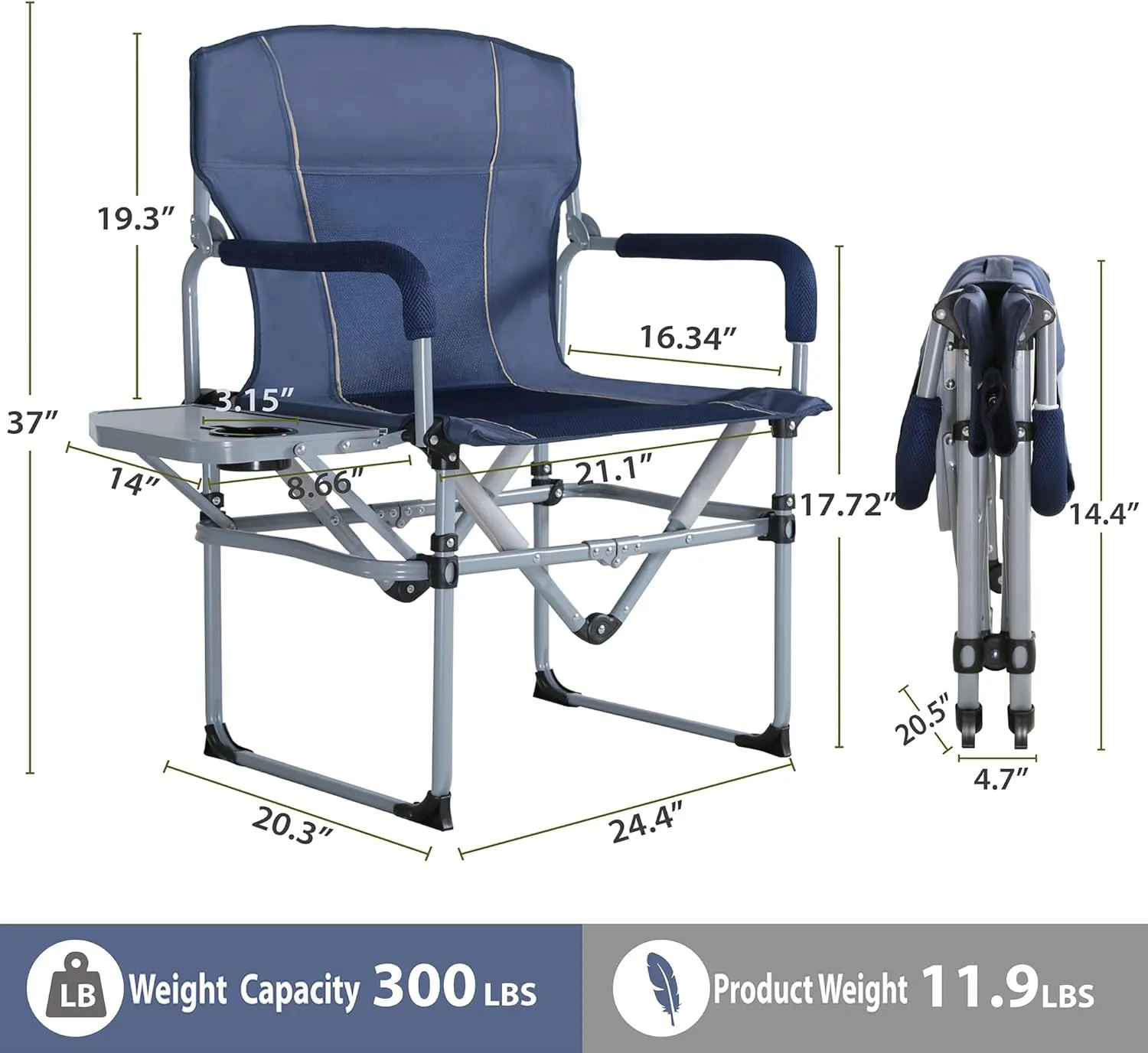 Oversized Director Chairs No Assembly, Heavy Duty Folding Chair with Side Table for Camping, Fold Up Outdoor Lawn Chairs for Adults Navy