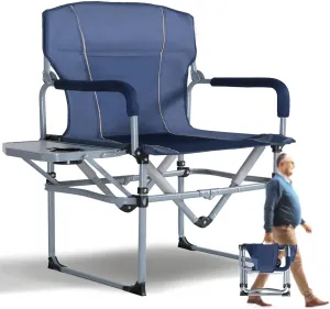 Oversized Director Chairs No Assembly, Heavy Duty Folding Chair with Side Table for Camping, Fold Up Outdoor Lawn Chairs for Adults Navy