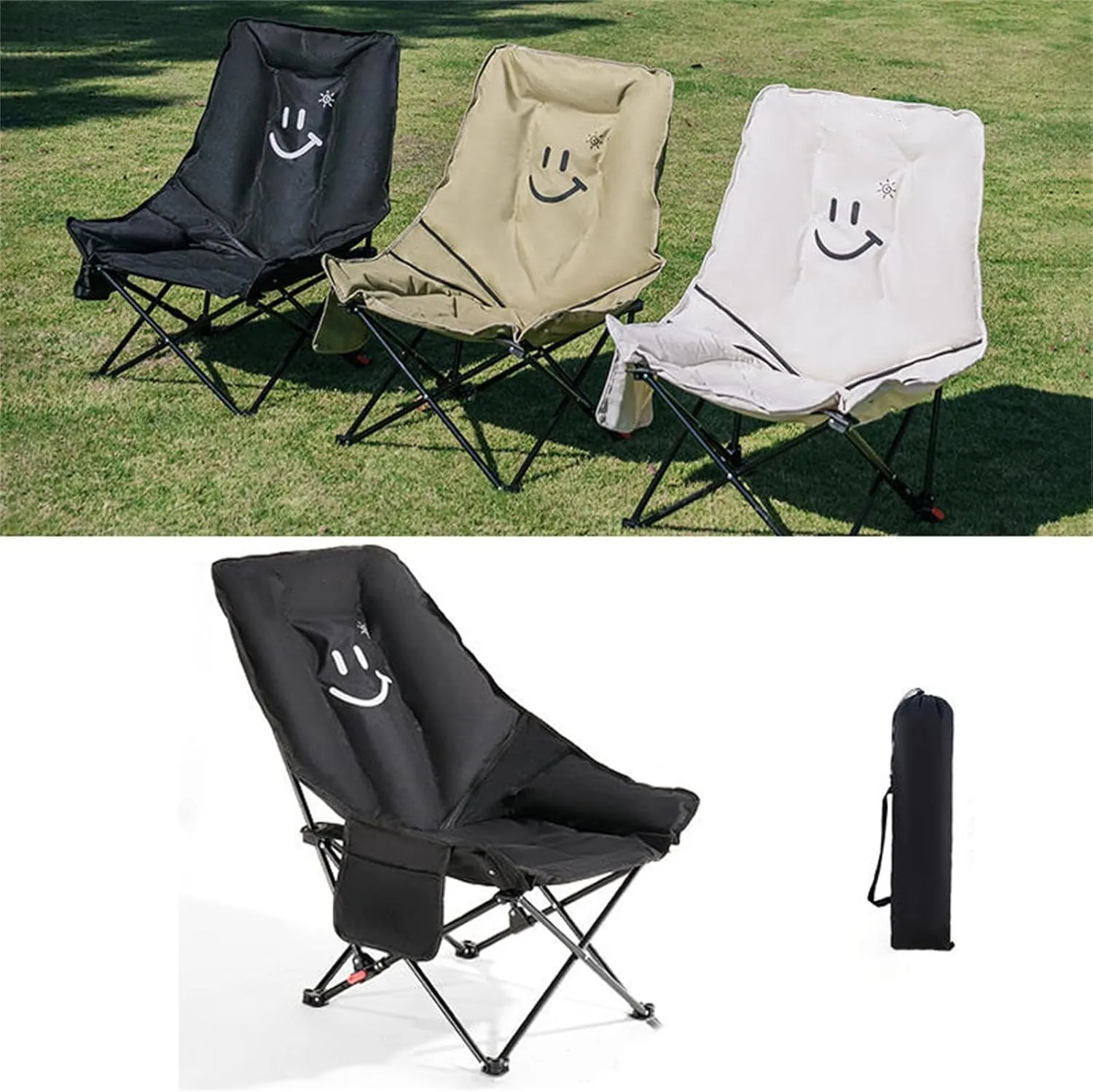 Oversized Padded Camping Chair,Folding,Large Camp Lounge Chairs for Outdoor,Portable,with Cup Holder for Camping,Picnic, Family Road Trip Black