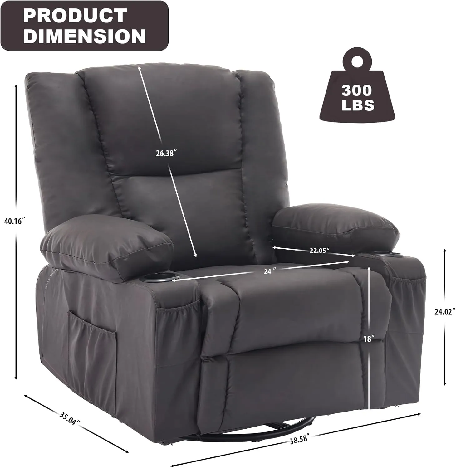 Overstuffed Massage Swivel Rocker Recliner Chairs with Heat Faux Leather Thickly Padded Comfortable Manual Recliners with Cup Holders, Rocking Glider Chairs, Vintage Brown
