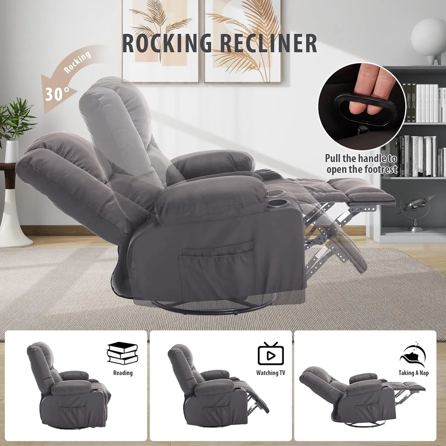 Overstuffed Massage Swivel Rocker Recliner Chairs with Heat Faux Leather Thickly Padded Comfortable Manual Recliners with Cup Holders, Rocking Glider Chairs, Vintage Brown