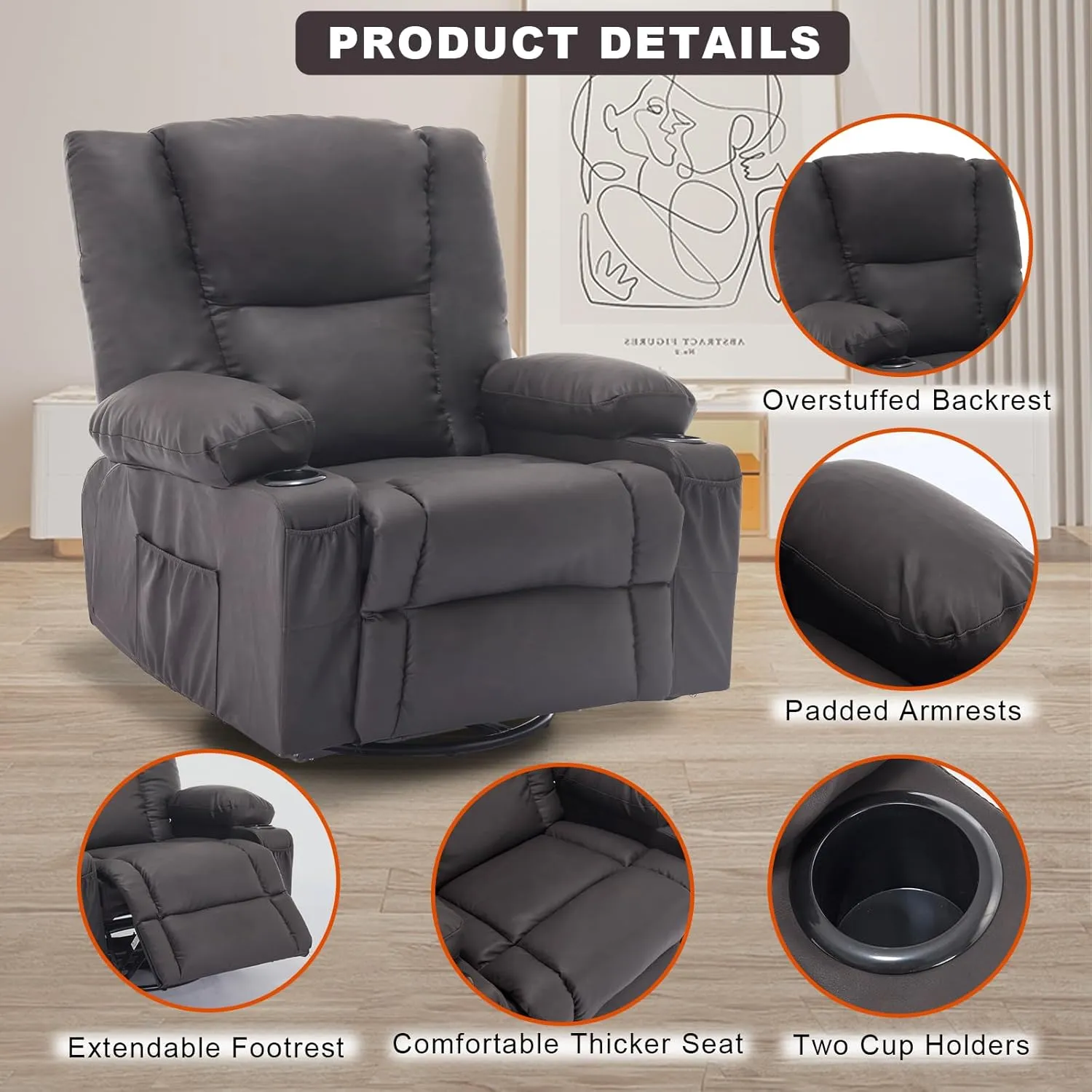 Overstuffed Massage Swivel Rocker Recliner Chairs with Heat Faux Leather Thickly Padded Comfortable Manual Recliners with Cup Holders, Rocking Glider Chairs, Vintage Brown