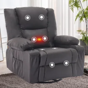 Overstuffed Massage Swivel Rocker Recliner Chairs with Heat Faux Leather Thickly Padded Comfortable Manual Recliners with Cup Holders, Rocking Glider Chairs, Vintage Brown