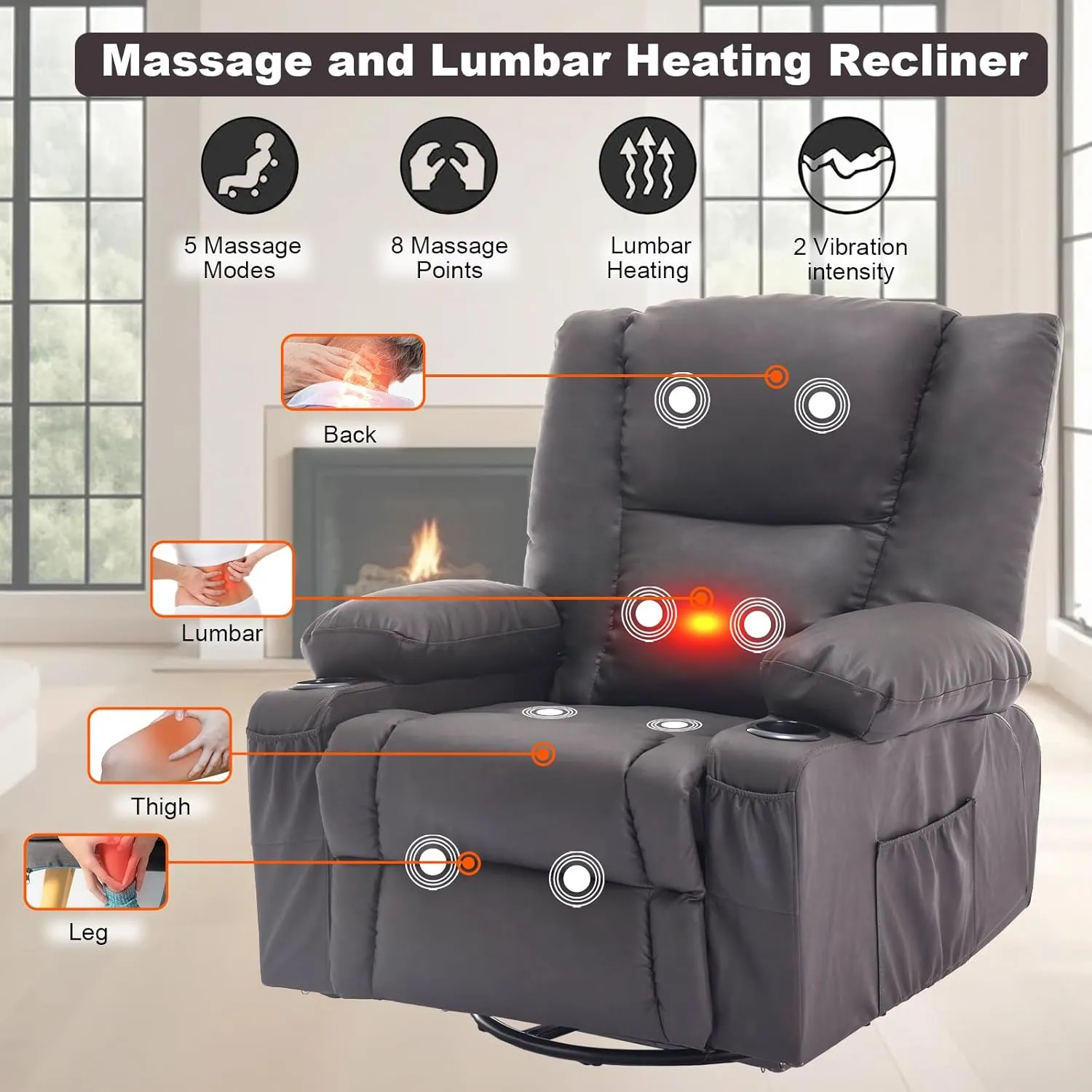Overstuffed Massage Swivel Rocker Recliner Chairs with Heat Faux Leather Thickly Padded Comfortable Manual Recliners with Cup Holders, Rocking Glider Chairs, Vintage Brown