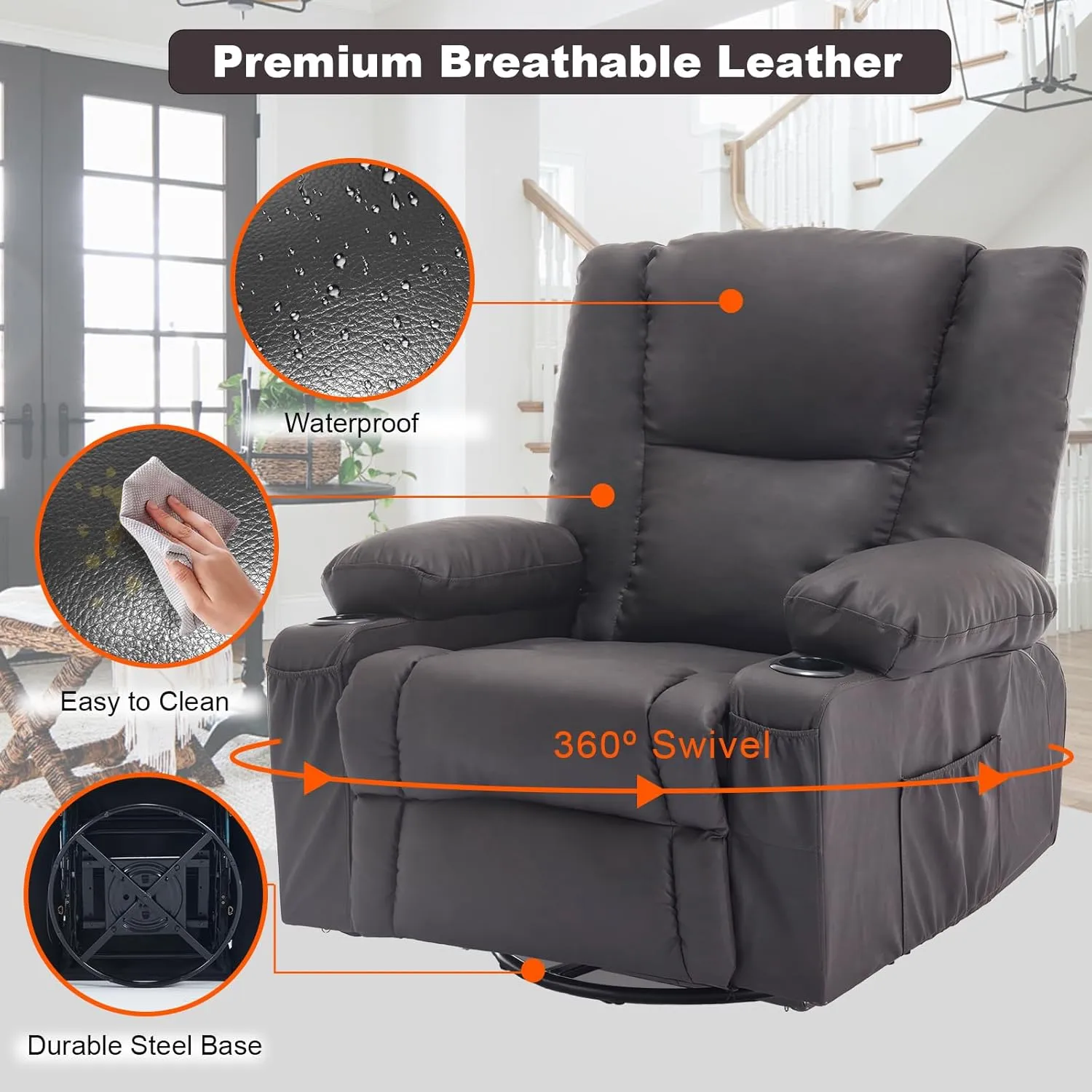 Overstuffed Massage Swivel Rocker Recliner Chairs with Heat Faux Leather Thickly Padded Comfortable Manual Recliners with Cup Holders, Rocking Glider Chairs, Vintage Brown